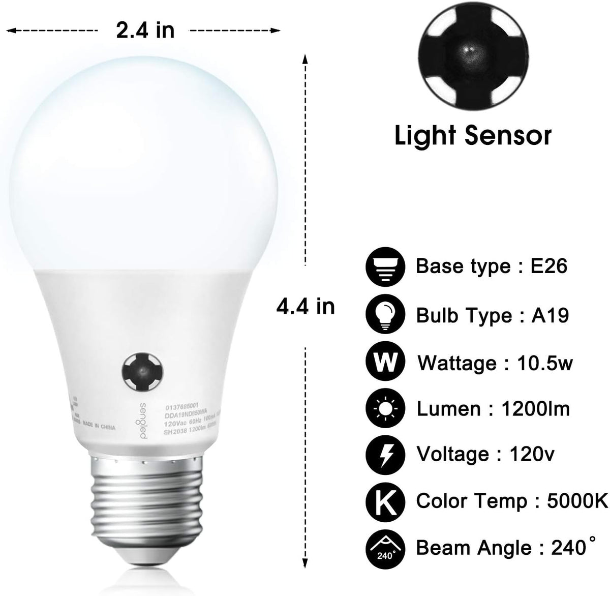 Sengled Dusk to Dawn Light Bulbs Outdoor, 5000K Daylight A19 LED Bulb 75W Watt Equivalent(10.5W), Automatic LED Dusk to Dawn Light Bulbs for Front Porch 6 Pack, Outdoor Indoor, UL Listed,