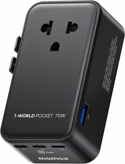 (2026 NEW) MOMAX Universal Travel Adapter, Ultra-Thin 70W GaN International Plug Adapter with 3 USB-C, 1 USB-A and AC Outlet, Works in 200+ Countries, Not a Voltage Converter, for International Travel