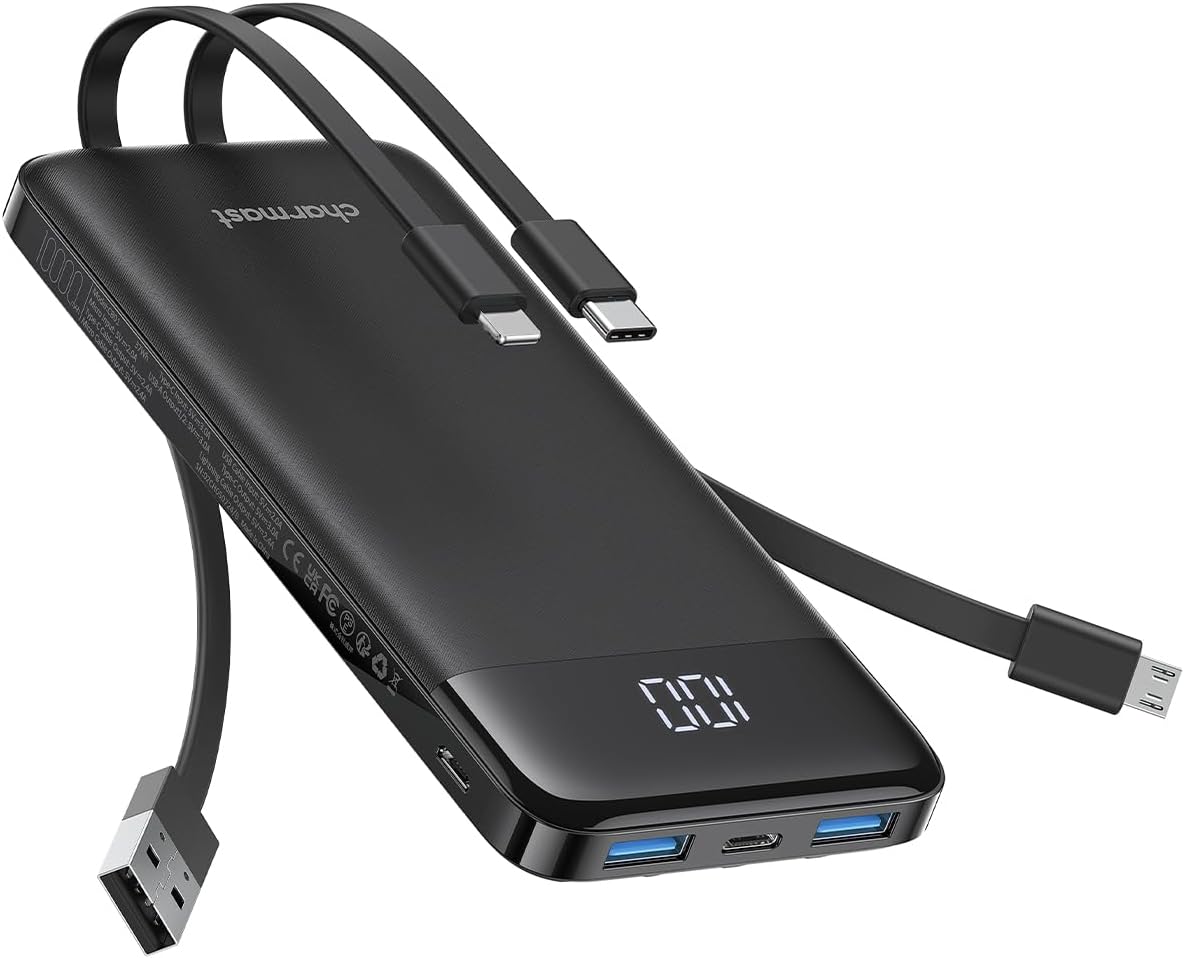 charmast Portable Charger Built-in Cables, 10000mAh Slim Power Bank Pocket | 22.5W Fast Charging Battery Pack for iPhone 17/16/15 Samsung Android, Flight-Approved, Multi-Device, USB-C, Daily Commute