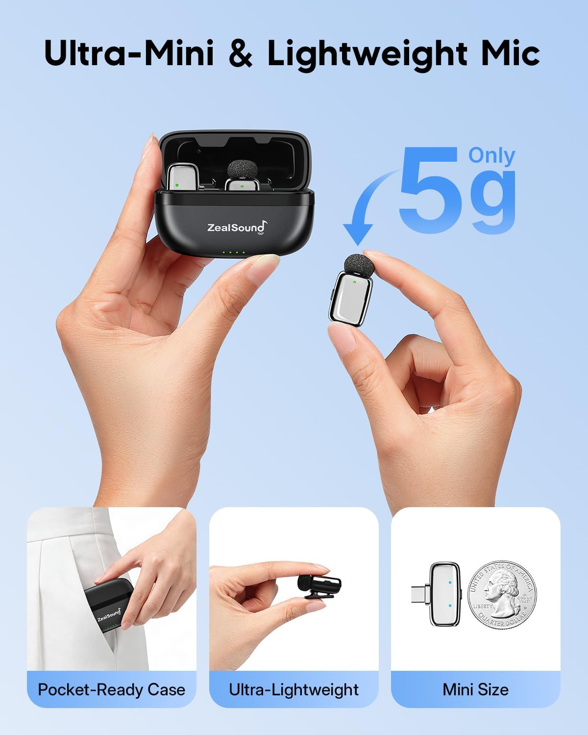 ZealSound Mini Wireless Lavalier Microphone for iPhone iPad Android, Dual Channel Wireless Microphones with Noise Cancellation, Mute & Volume Control, 33H Battery Case, USB-C & Lightning Plug & Play