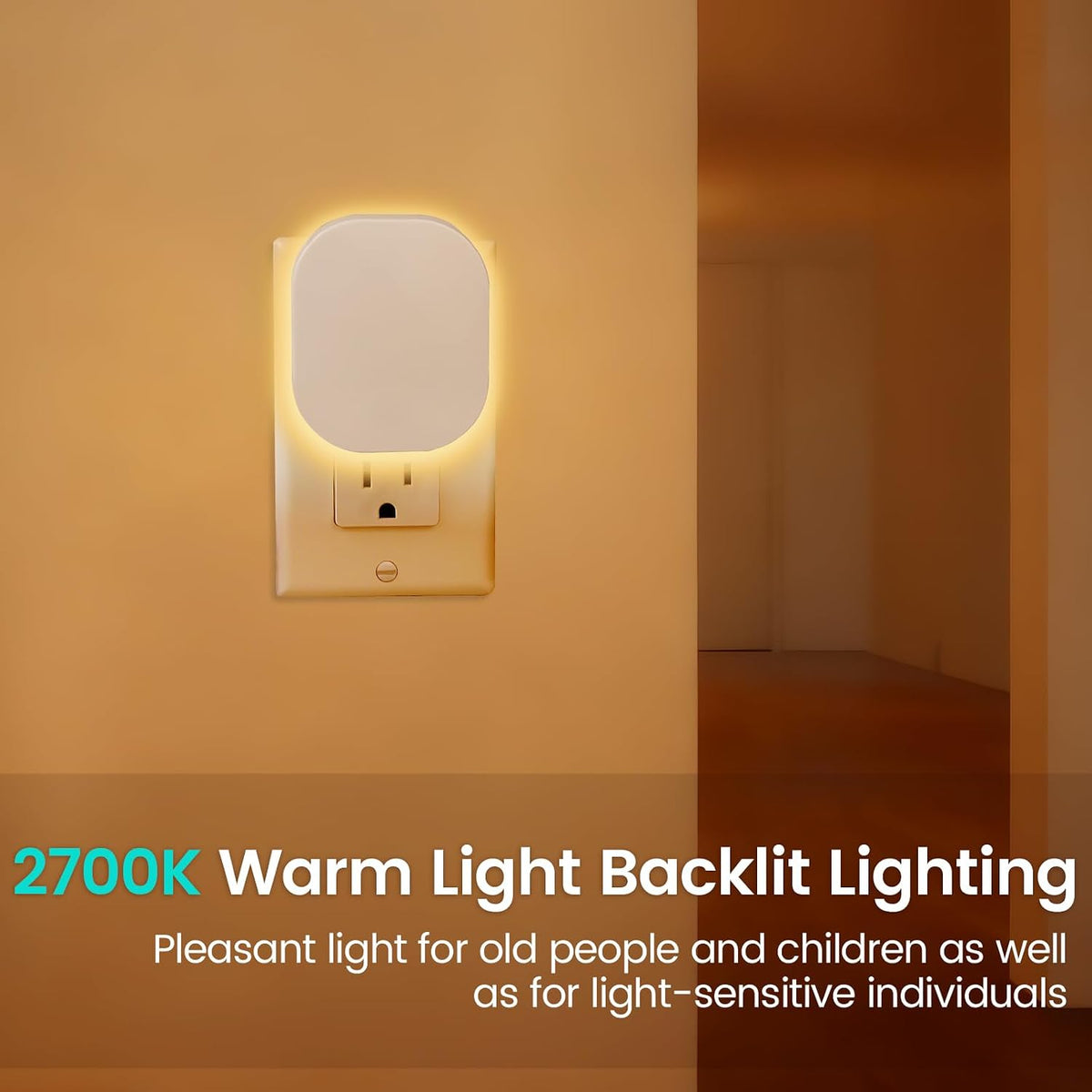 Plug-in LED Backlit Night Light with Motion Sensor & Dusk to Dawn Sensor, 2700K Soft Warm White Nightlight with Dimmable Brightness for Adults & Kids' Bedroom, Bathroom, Hallway, 2 Pack