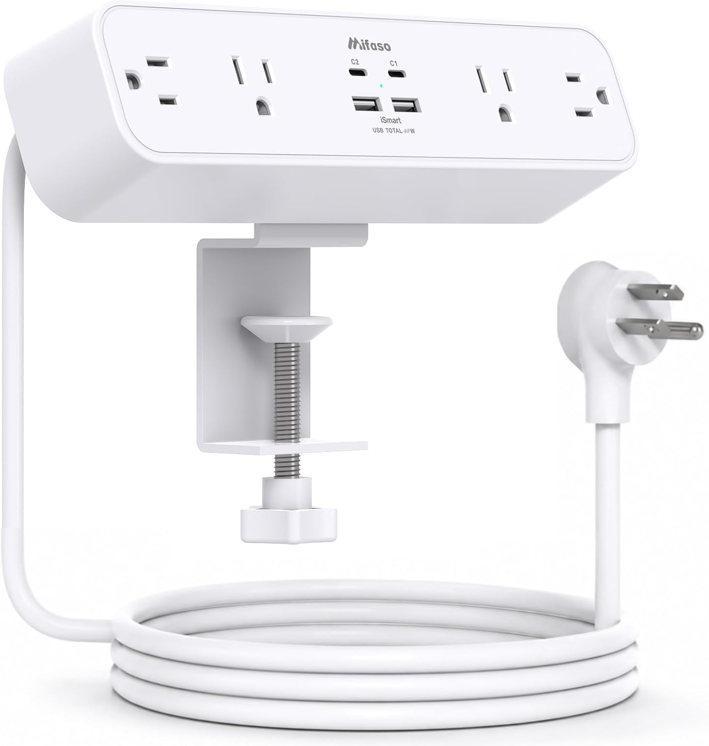 Mifaso PD30W Desk Clamp Power Strip, Surge Protector, Fast Charging Station | 4 Outlets, 4 USB (2 USB C), 5FT Extension Cord, Desk Organizer Gaming Accessories Office Essentials, Fits 1.96" Tabletop Edge