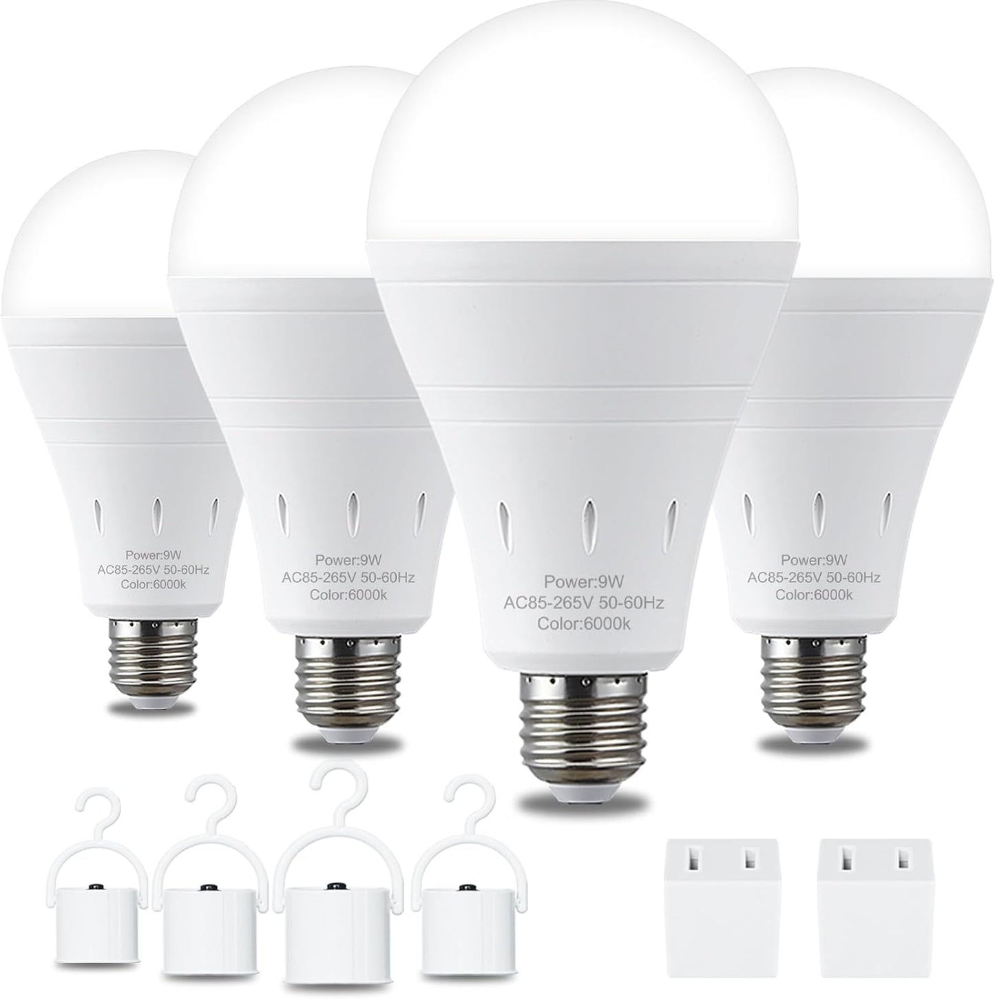 DEBAOBULB 4 Pack Rechargeable Emergency Light Bulbs, Battery Powered LED Light Bulb 6000K Daylight E26 120 Volt 9W 60W Equivalent with 1200mAh for Home Power Outage Camping Hurricane