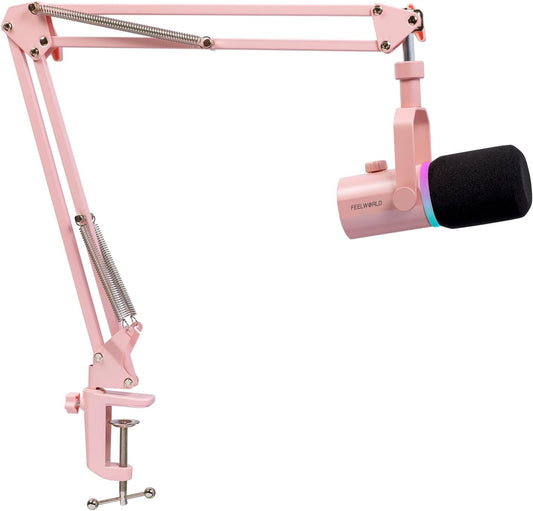 FEELWORLD PM1 Pink XLR USB Metal Podcast Dynamic Microphone with Boom Arm | PC Computer Gaming Streaming Mic with RGB Light, Studio Vocal Mic for Singing Recording Gifts, Mute Button, Headphones Jack