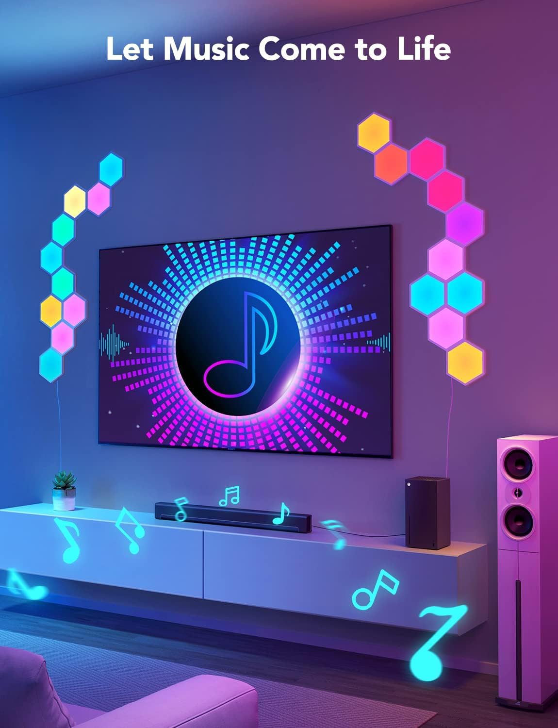 NIUCOO 8 Pack Hexagon LED Lights Wall Panels, Smart RGB Gaming Lights with APP & Music Sync, DIY Modular Hex Tiles, USB-Powered for Autism/Game Room/Party Decor