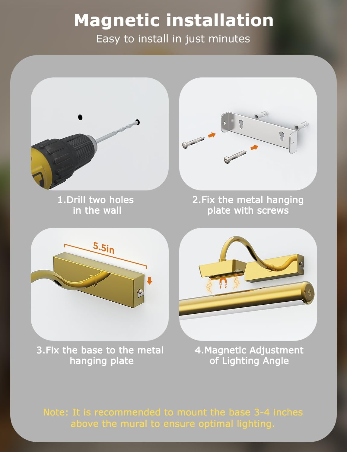 13" Wireless Picture Lights for Wall, Rechargeable Art Light, 2Pack Gold