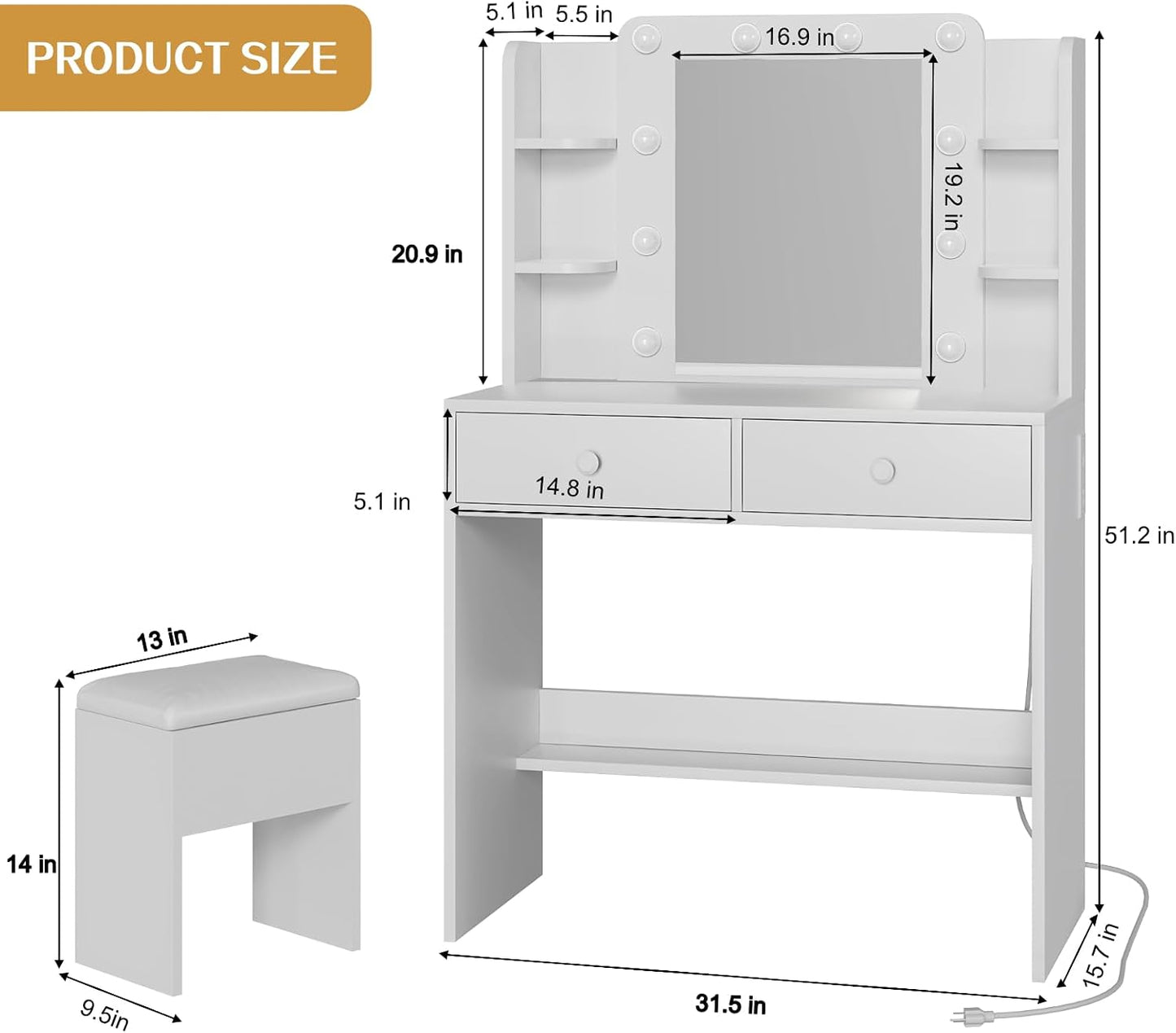 FUXA Makeup Vanity Desk with LED Mirror and Chair Set, White | 3 Lighting Modes, Built-in Charging Station, Storage Drawers and Shelves for Bedroom