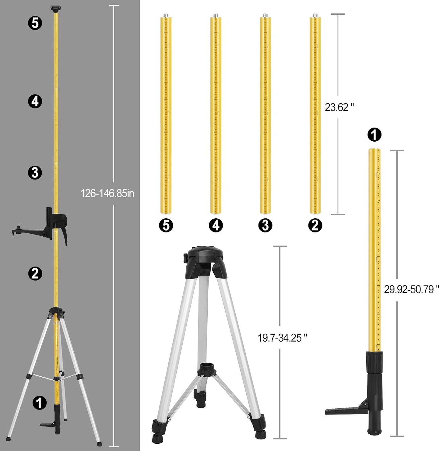 Telescoping Laser Level Pole with Tripod, 12Ft./3.7M Laser Level Tripod | Include 1/4-Inch by 20-Inch Mount for Rotary and Line Laser Level, Laser Stand with 5/8"-11 Threaded Adapter