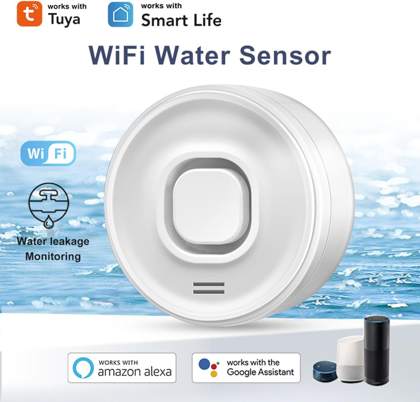 WiFi Water Leak Detector: Smart Water Sensor with 100dB Adjustable Alarm & App Notification, Water Leakage & Low Water Level Monitoring, Water Detector Alarm for Kitchen, Bathroom, Basement