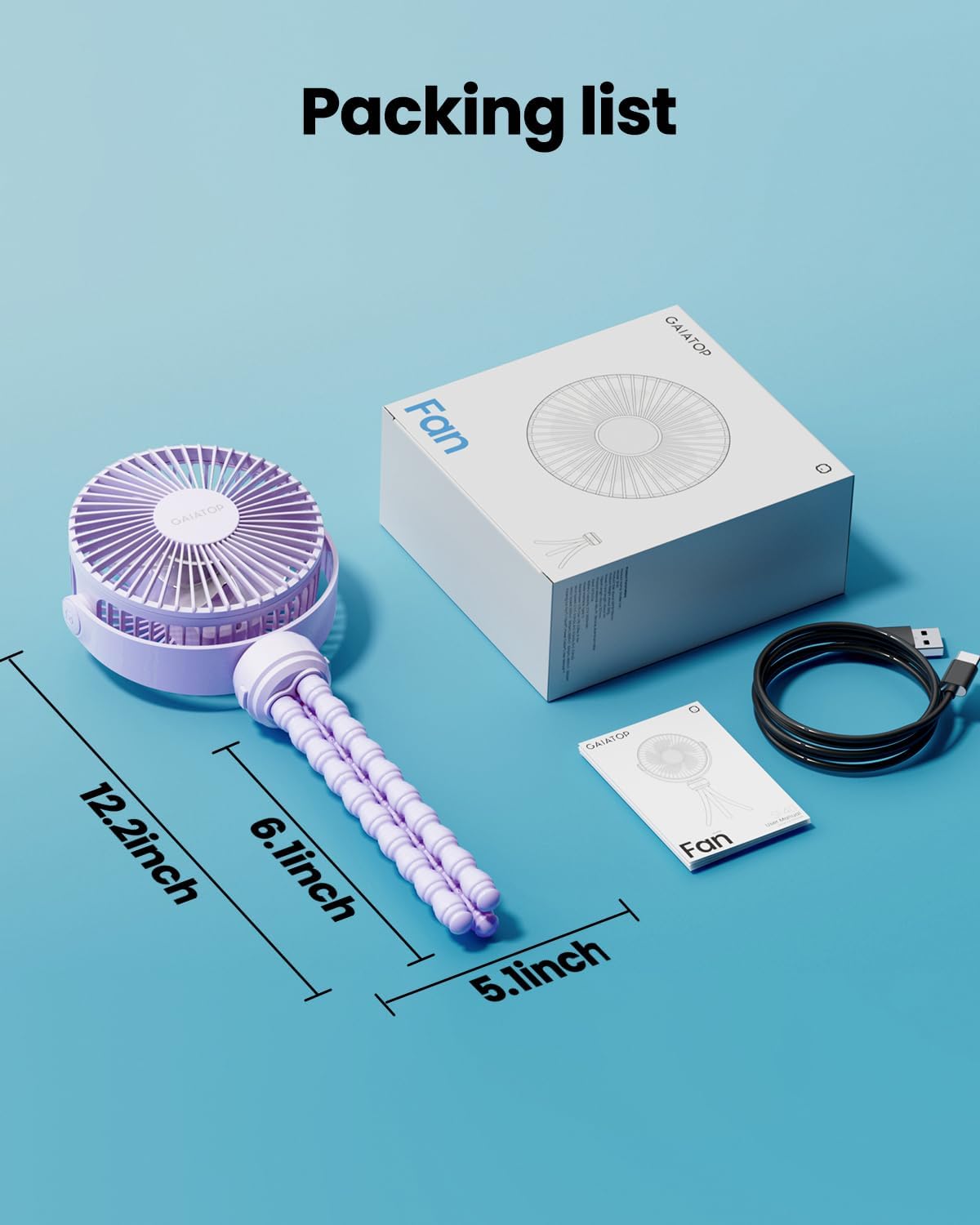 Gaiatop Mini Electric Fan with 360 Rotation, 5.5mm Gaps, Rechargeable Battery, 3 Speeds, Purple | 360° Rotate Flexible Tripod, Battery Operated Detachable, Cooling for Car Seat Crib Treadmill Travel Purple