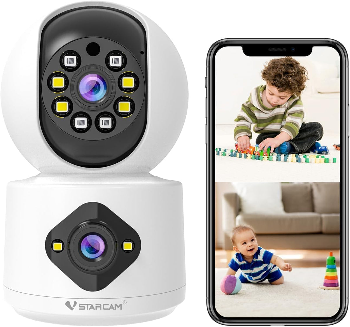 VSTARCAM Indoor Security Camera, 2K Dual Lens WiFi Camera with Two Live Views, 360° Pan & 90° Tilt, Two-Way Audio, Color Night Vision, Motion Alerts, 24/7 Recording for Baby, Pet, Elderly & Home