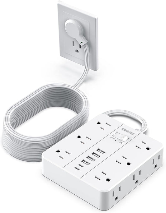 Power Strip 20ft Extension Cord,SMNICE Flat Plug with 12 Outlets 6 USB(2 USB C),Power Strip Charging Station with Overload Protection for Home, Dorm,Office