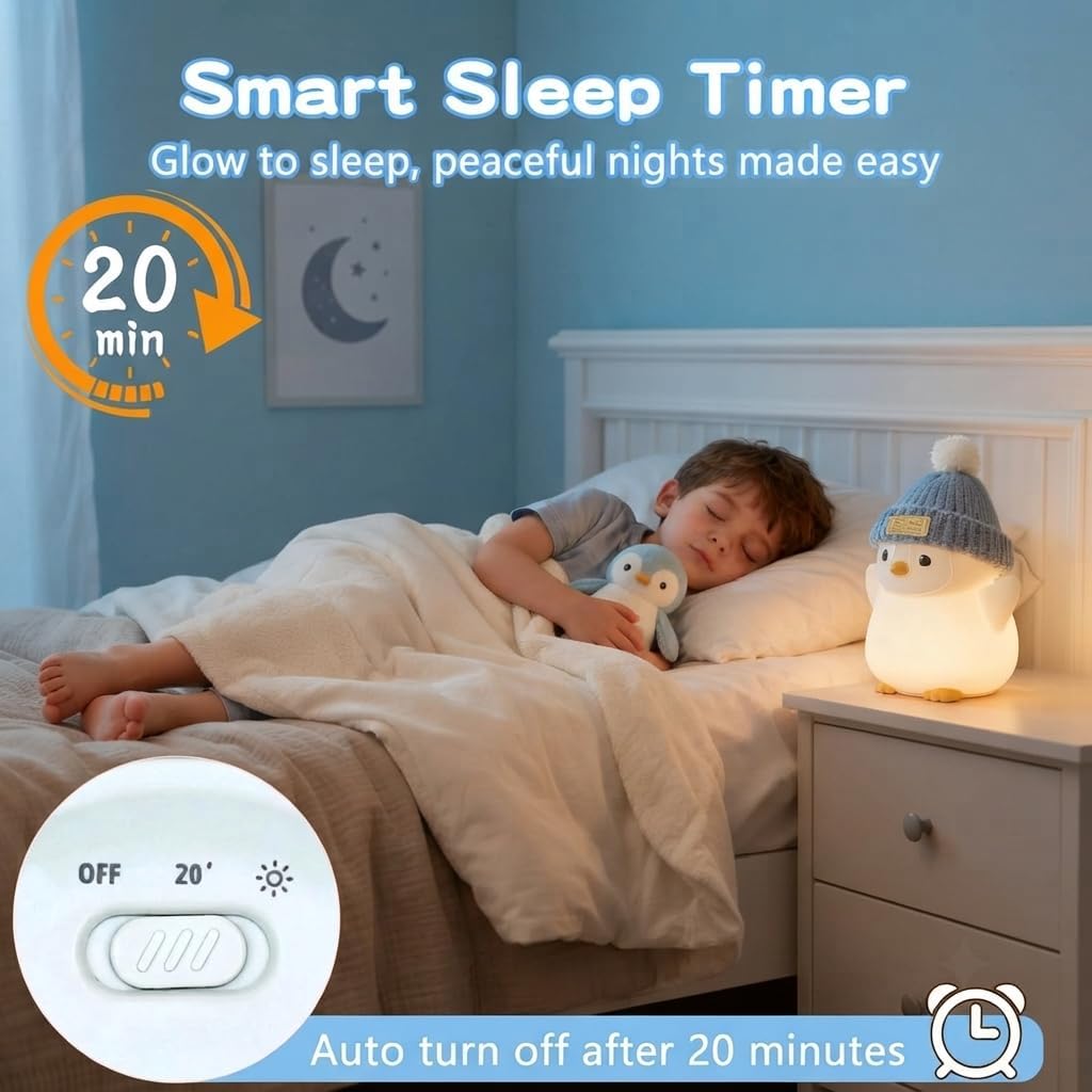 Penguin Night Light for Kids, Squishy Silicone Nursery Lamp | Touch Control, 24-Hour Battery, 20-Min Timer, 3000K Warm LED, BPA-Free Silicone, Baby Nursery Decor, Gift for Kids
