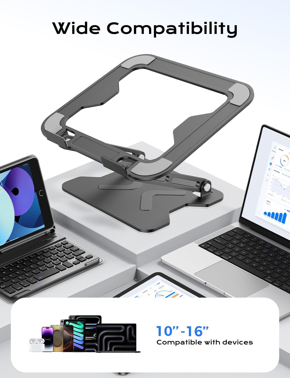 JCZT Adjustable Laptop Stand for Desk, Metal Foldable Laptop Riser, Black | Ergonomic Portable Laptop Stand, Ventilated Cooling Computer Notebook Holder for MacBook Air Pro, All 10-16'' Laptops