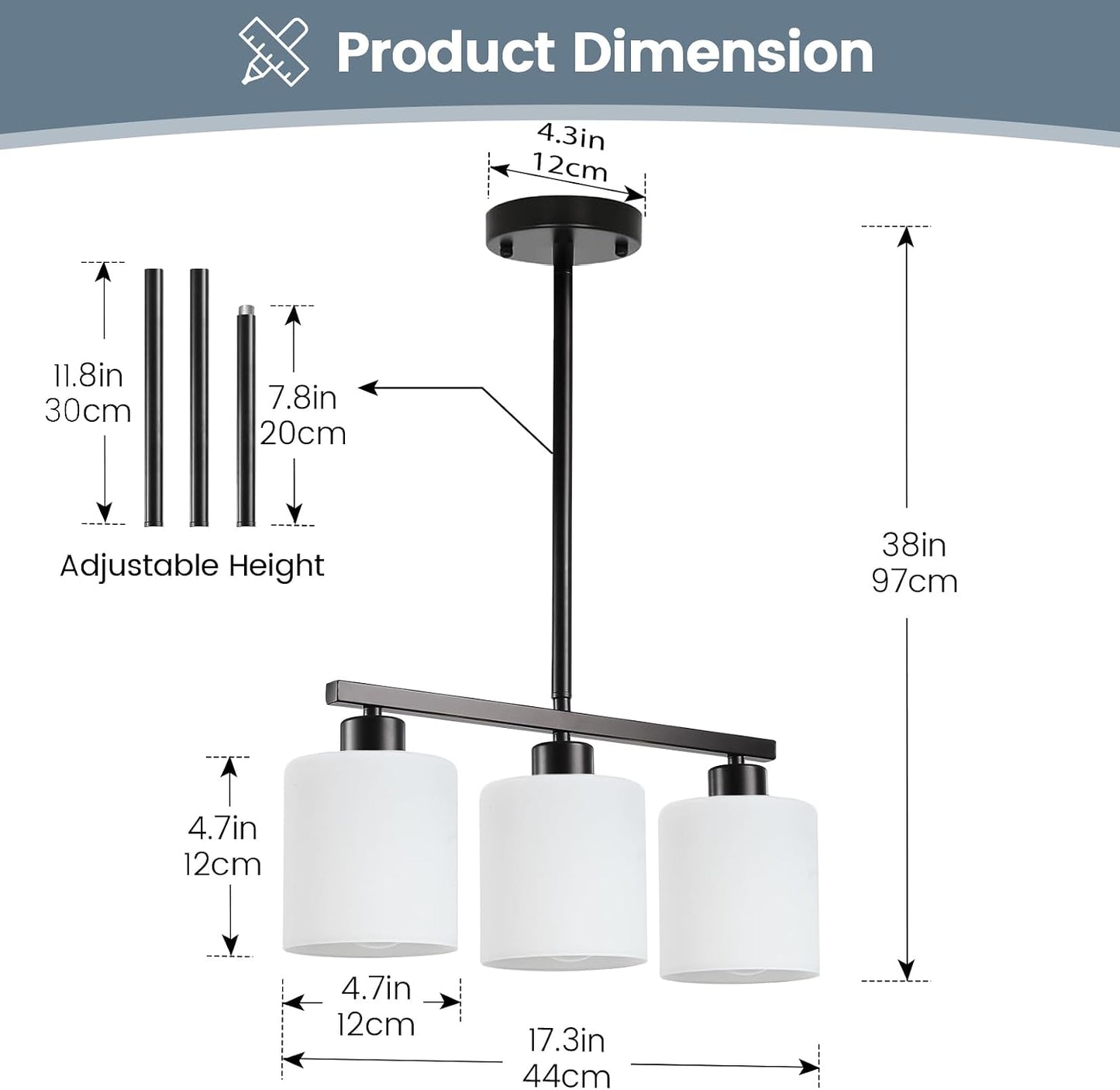 3-Light Kitchen Island Lighting, Black Pendant Light Fixture, Modern Hanging Light Fixtures with Milky White Glass, E26 Base, Bulbs Not Included