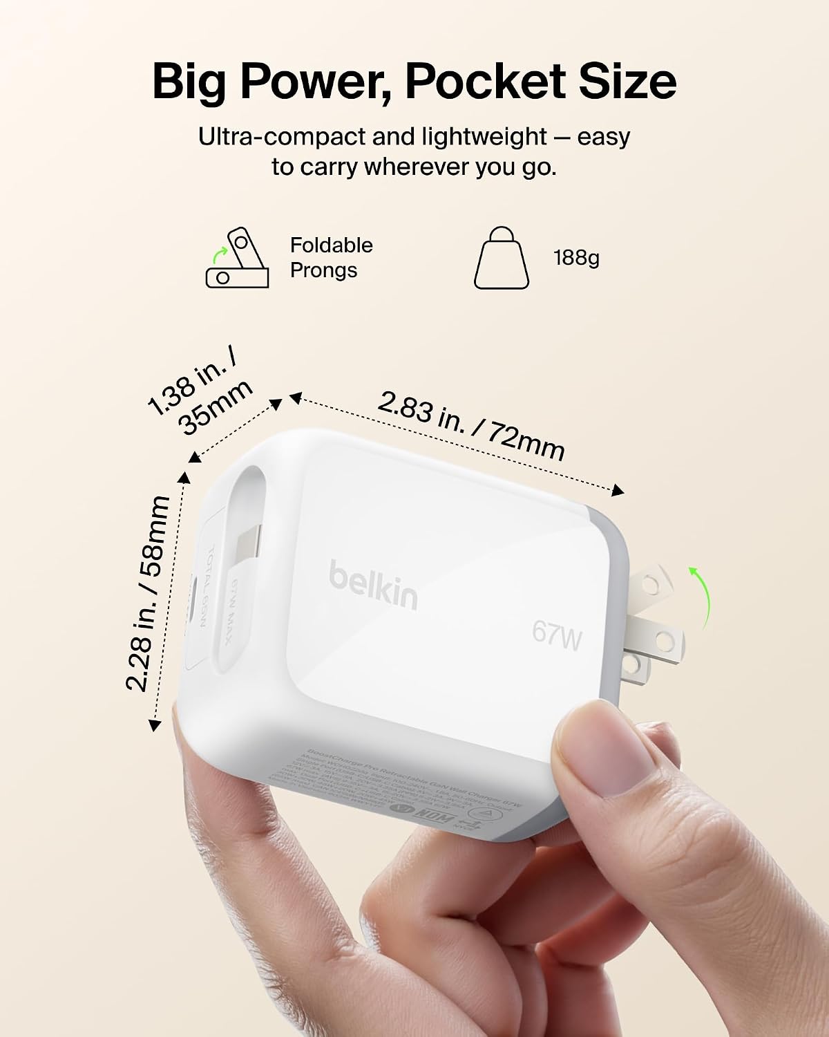 Belkin 67W GaN USB C Retractable Charger Block Fast Charging for Travel | 3.3ft Retractable Cable, USB C Port, iPhone 17, Galaxy S26, AirPods, iPads, MacBook, Travel Charger, Charge Up to 2 Devices