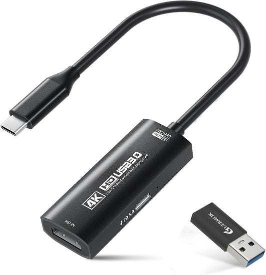 Guermok 4K USB 3.0 HDMI Capture Card for Streaming with PD 100W, 4K@60FPS | 2K@120FPS HDMI to USB C/A Capture Card for Streaming, Works with Pad, Tablet, MacOS, Switch2/1, Laptop, PC, Camera, VR, Black