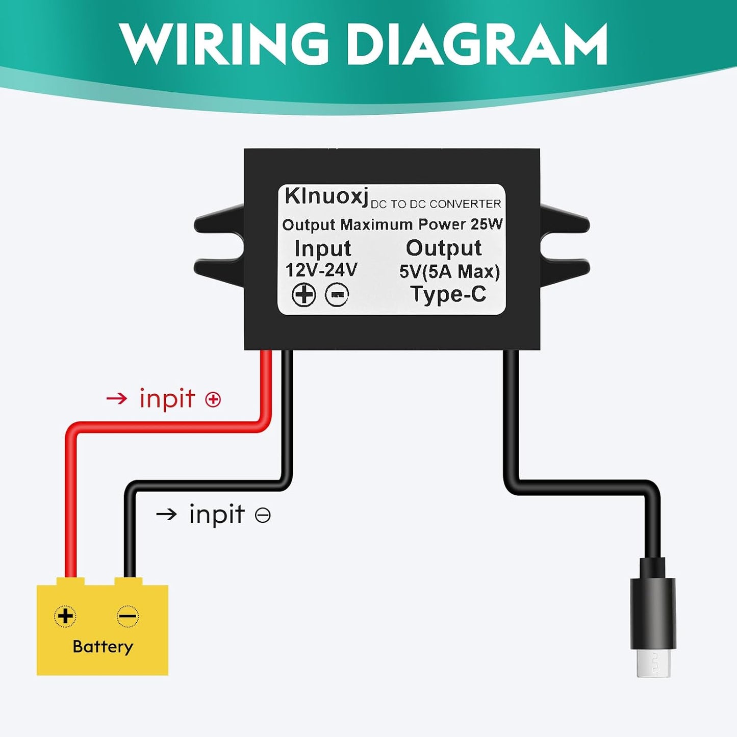 DC 12V/24V to 5V USB C Step Down Converter Type-C Interface 5A 25W Waterproof Buck Module Power Adapter Compatible with Raspberry Pi 4, Cell Phones 2-Pack
