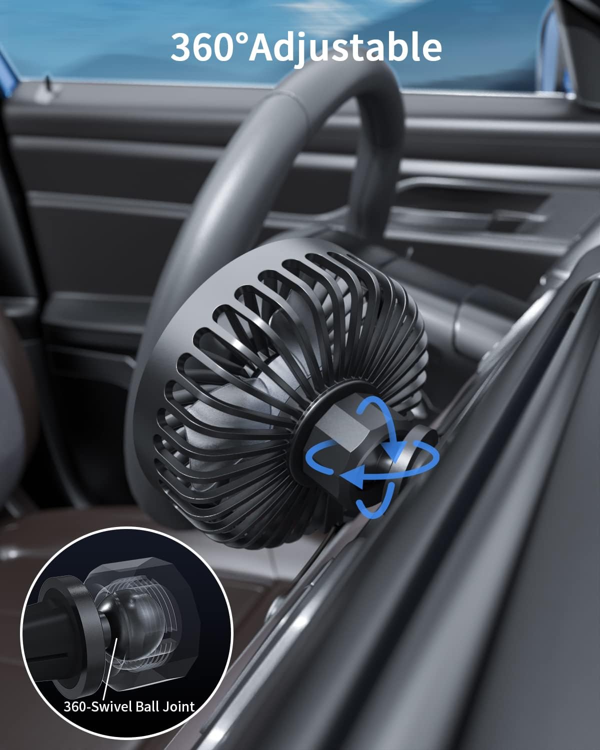 TriPole Car Fan USB Powered, 360°Rotation Portable Cooling Fan for Car Vent | 3-Speed USB Car Fan, Vent Clip Design, Powerful Wind, Quiet Brushless Motor, Air Circulation for Vehicle, Van, Truck, SUV, RV