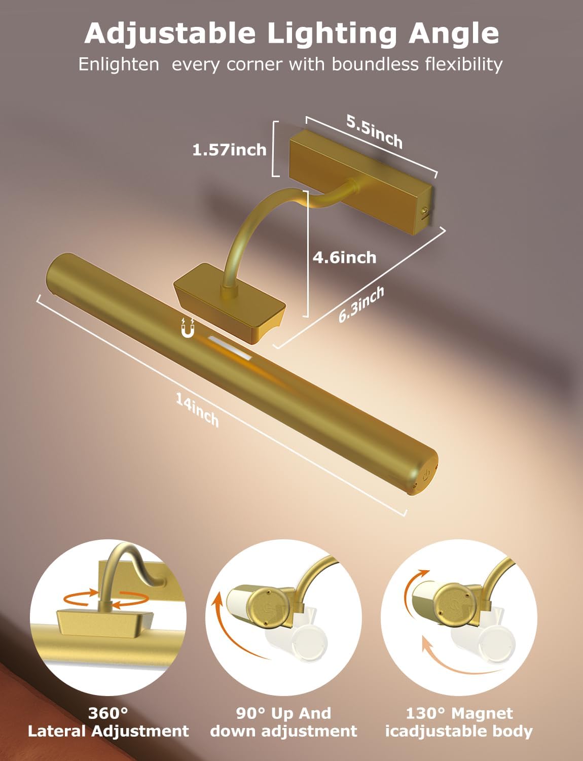 13" Wireless Picture Lights for Wall, Rechargeable Art Light, 2Pack Gold