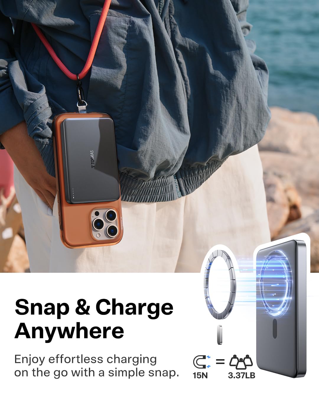 TORRAS MiniMag Power Bank,Ultra-Slim 10,000mAh Magnetic Wireless Portable Charger, 22.5W Fast Charging iPhone Air Magnetic Battery Pack Designed for iPhone 17 Pro Max/17 Pro/Air/16/15/14/13/12, Gray