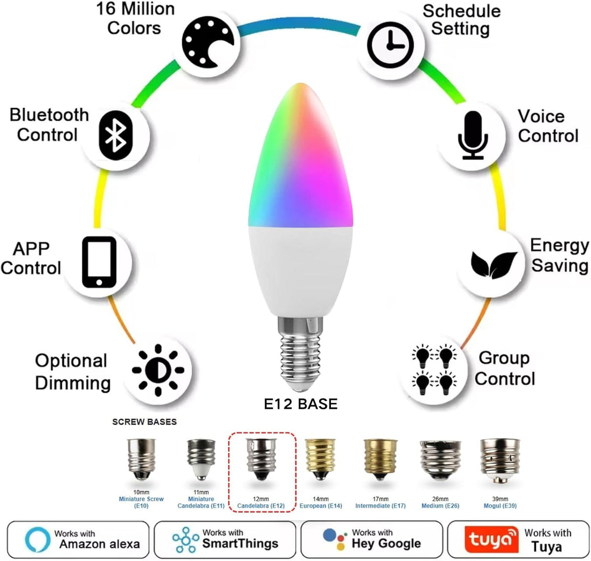 Candelabra Smart Light Bulbs 60W Equivalent, E12, 1Pack