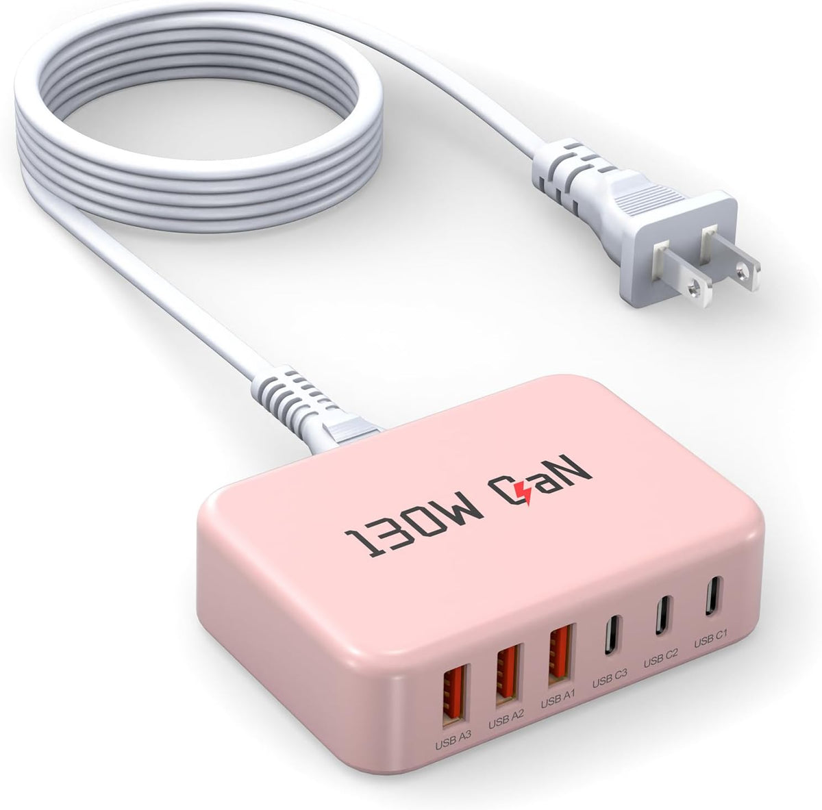 130W Charging Station 6-Port Type C Fast Charger Block-White | Charging Station Multiport Adpater for iPhone 17/16/15/14/13/Pro Max/Plus iPad mini/Pro Galaxy S26/S25 5ft Power Cord- White