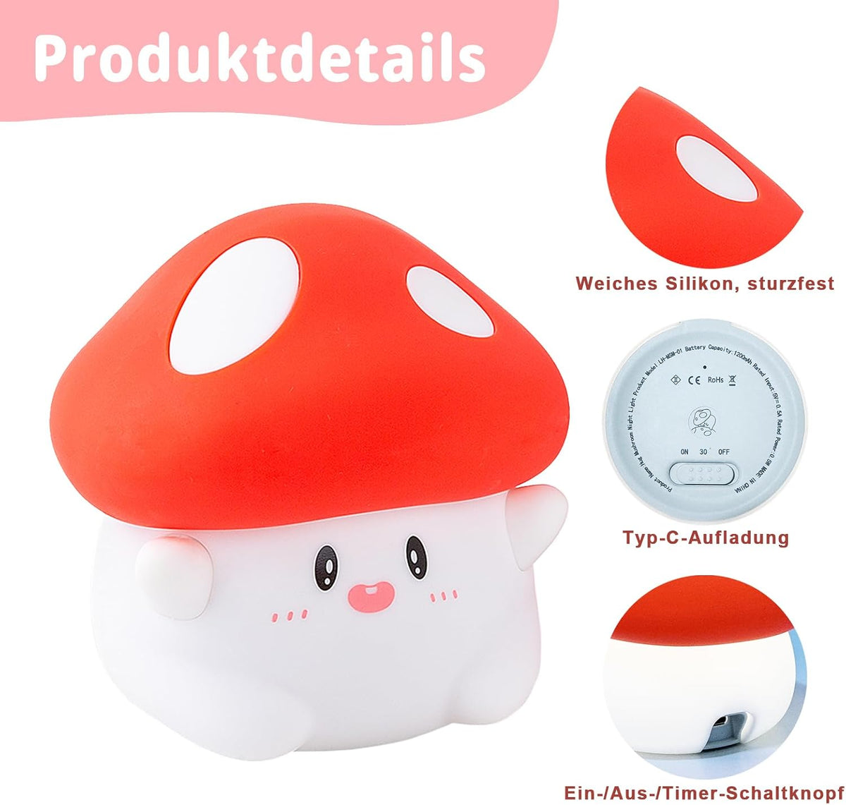 Rytinazzz Silicone Night Light for Kids, 50H Long Battery Mushroom Lamp, Gift for Kids, Cute Bedside Light for Girls Room, Rechargeable Tap Control
