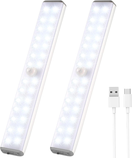 Wireless Under Cabinet Lights Motion Sensor - 28 LED Rechargeable Closet Light, Magnetic Stick-on Battery Operated Night Light for Kitchen, Wardrobe, Hallway, Stairs, Cupboard, Pantry (2 Pack)