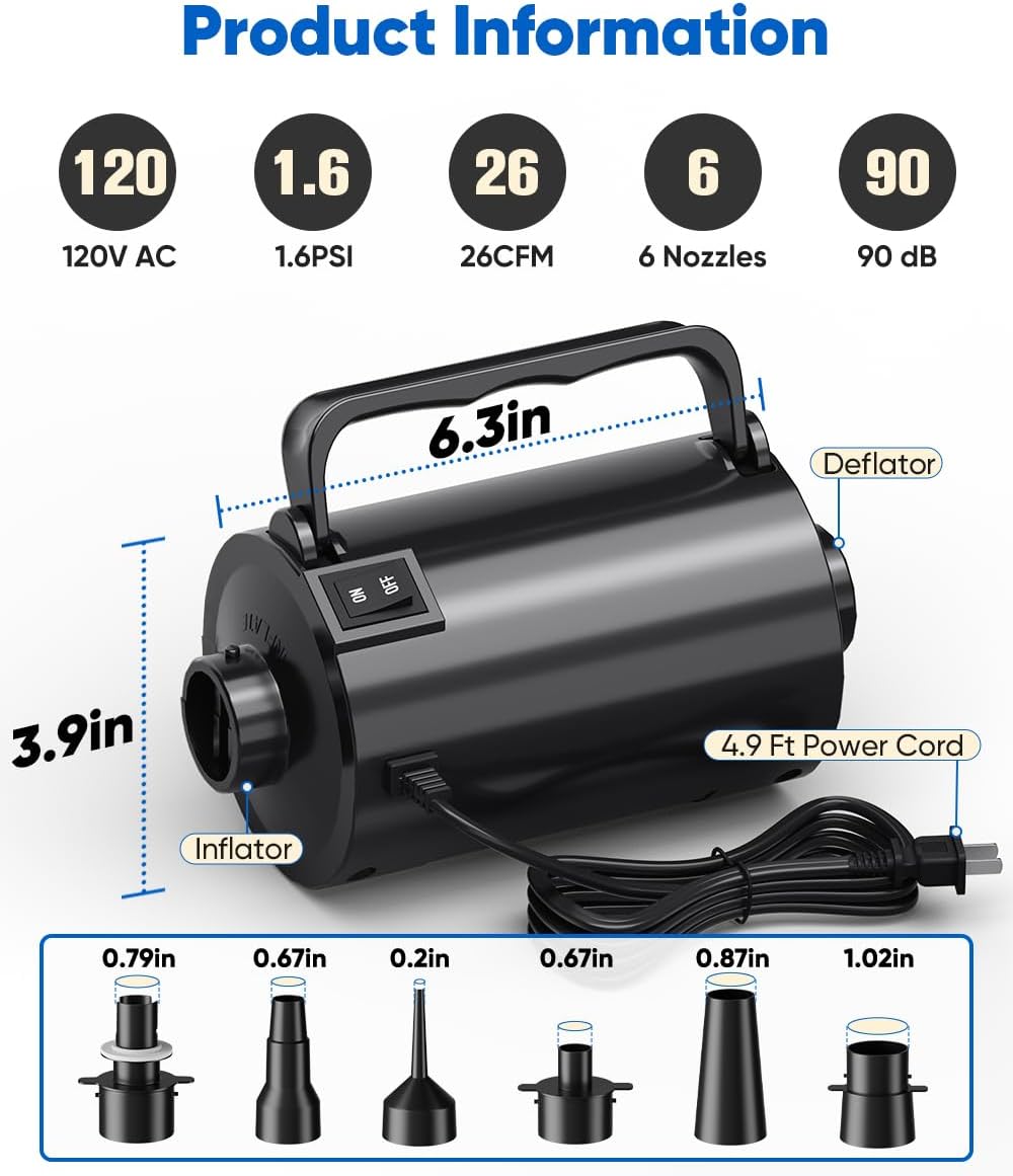 Electric Air Pump with Hose for Inflatables, High Power Inflator Deflator Blow Up Pump with 6 Nozzles, Pool Toy Float Pump for Pool Floats, Air Mattress, Toys, Gym Mat, 320W, 1.5PSI, 120V AC