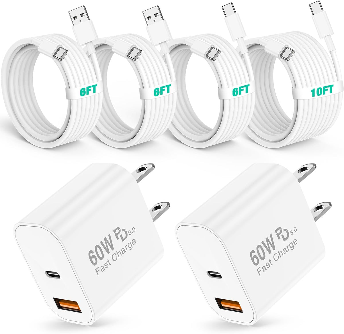 60W USB C Fast Charger for iPhone 17/16/15 Pro Max Charger 2-Pack | PD 3.0 Dual Port Wall Charger Block with 6+10Ft USB C Cable,Super Fast Charging for iPhone 17/16/15/Air Series,iPad Pro,White