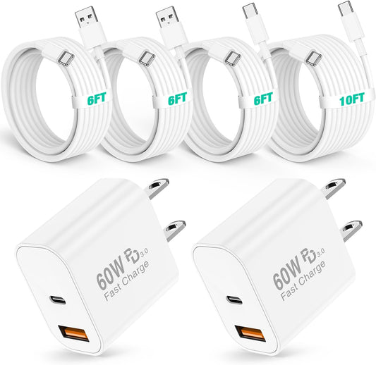 60W USB C Fast Charger for iPhone 17/16/15 Pro Max Charger 2-Pack | PD 3.0 Dual Port Wall Charger Block with 6+10Ft USB C Cable,Super Fast Charging for iPhone 17/16/15/Air Series,iPad Pro,White
