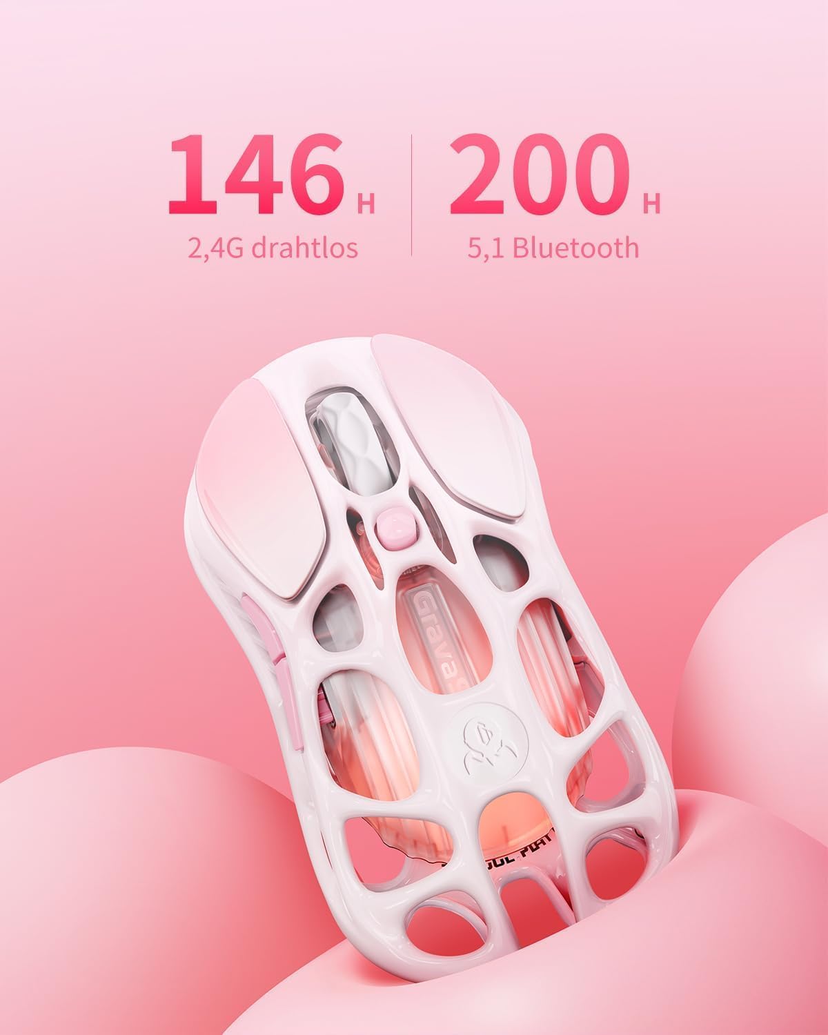 GravaStar Mercury M1 Pro Wireless Gaming Mouse, Lightweight Magnesium Alloy, 26,000 DPI, PAW3395DM Sensor, 5 Programmable Buttons, Support Wired/2.4GHz/BT, Up to 200 Hours Battery Life (Gradient Pink)