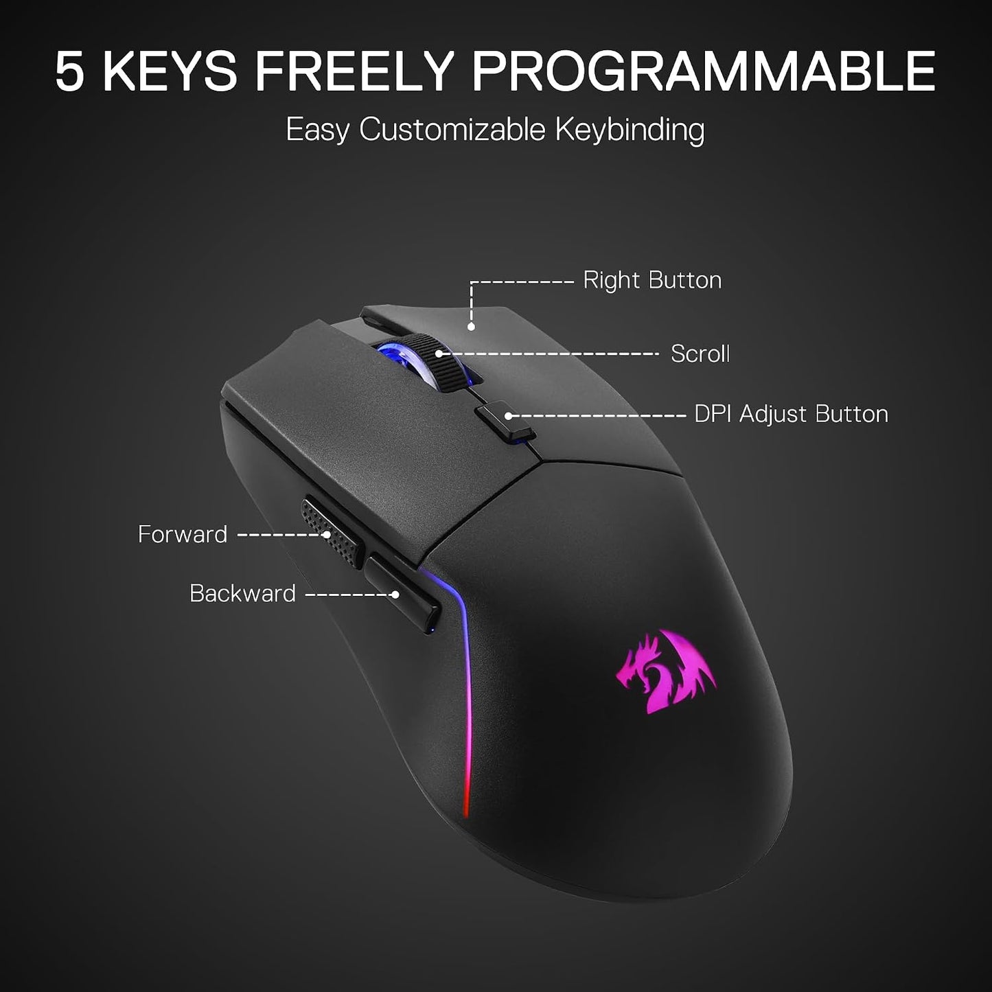 Redragon M730 PRO Wireless Lightweight RGB Gaming Mouse 10000 DPI | Cable-Free 0 Delay, Redefine Keybinding Macro, Vibing Backlight, Ergonomic Grip Body Comfort