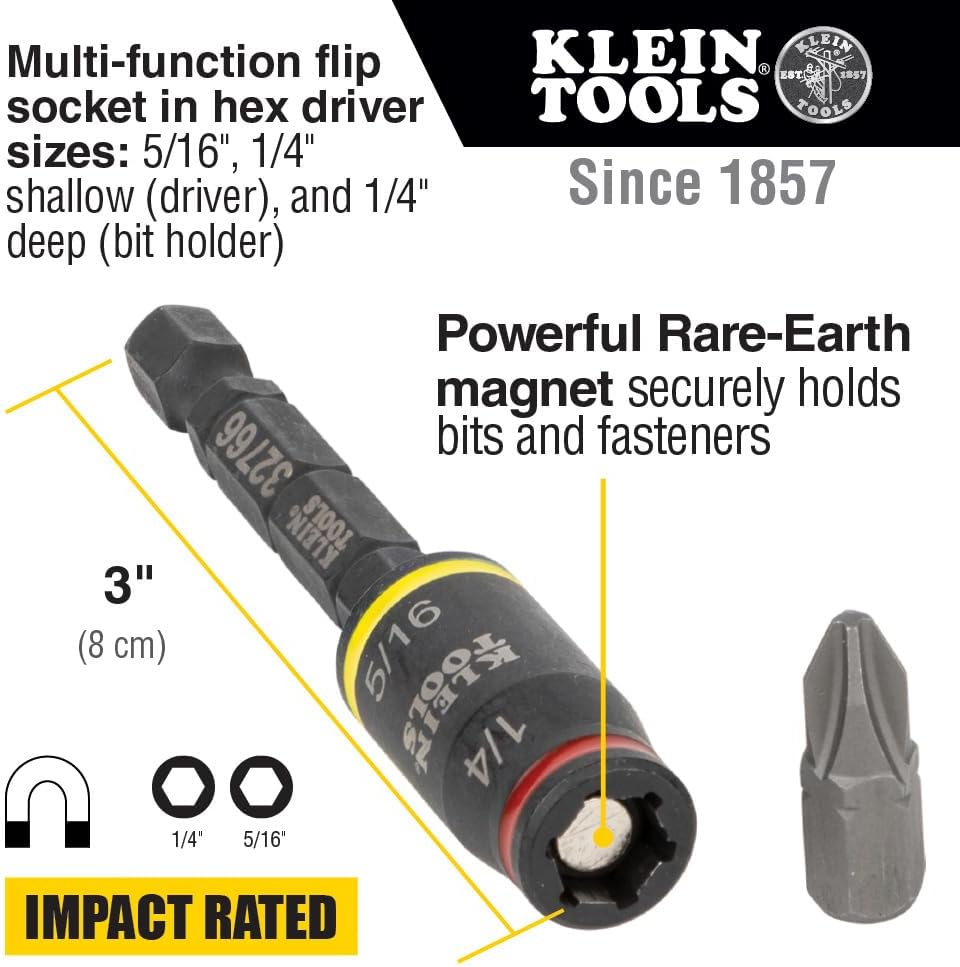 Klein Tools 32308F Impact Driver Set, 10-in-1 Stubby Screwdriver Driver Set, Hex Flip Socket, 7 Bits, 1/4-Inch Bit Holding Feature, 10-Piece