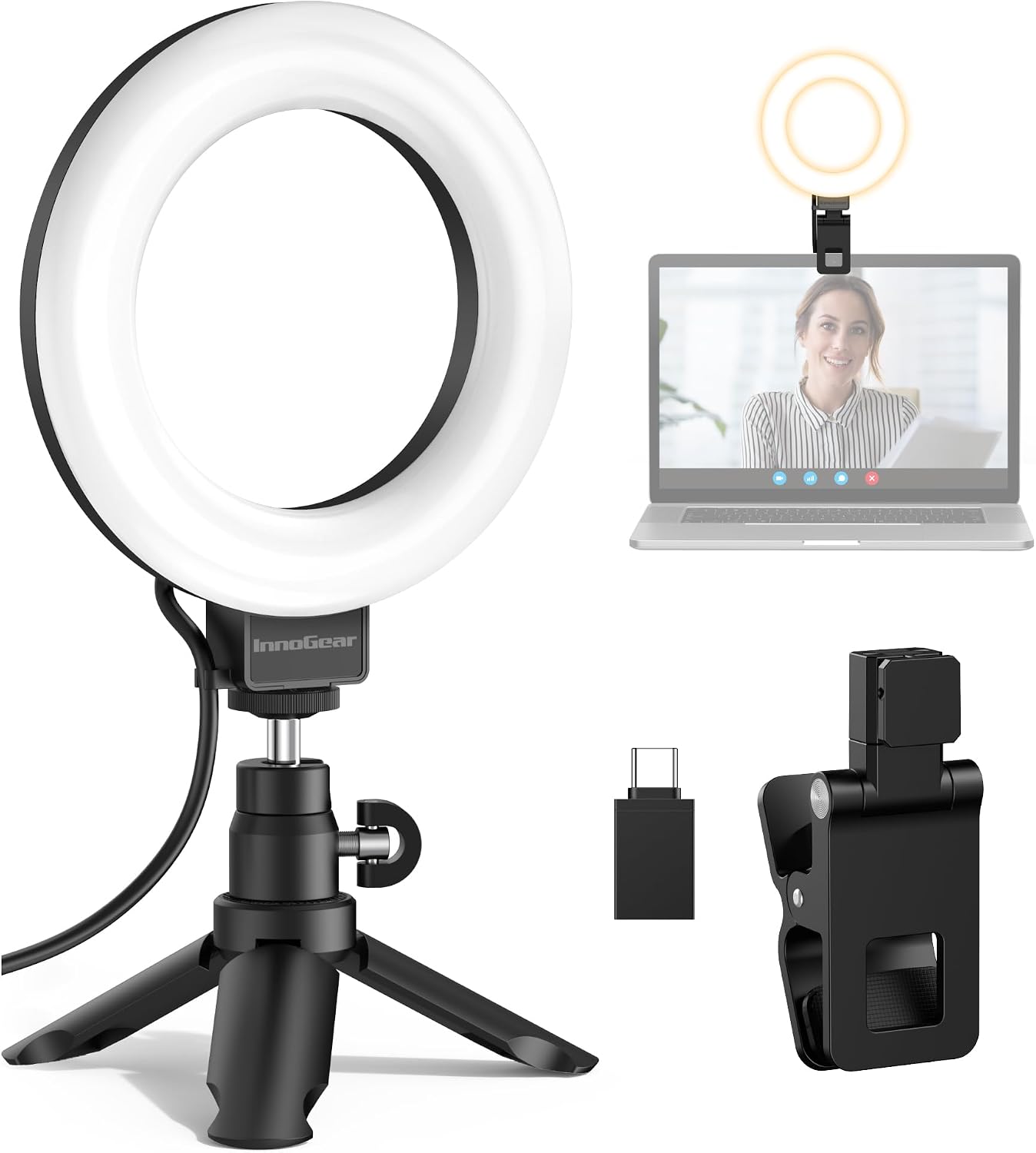 InnoGear Ring Light for Computer On-Camera Monitor Video Conference Light | LED Lights for Video, Clip On, Remote Control, 3 Color Modes, Adjustable, Monitor, Laptop, Easy to Attach, Recording