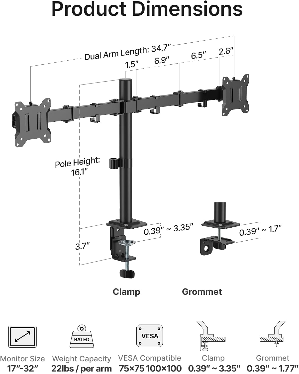 monTEK Heavy-Duty Dual Monitor Stand for 17-32", 22 lbs Each | Adjustable dual monitor mount, full-motion arms, clamp/grommet bases, cable management and VESA 75/100