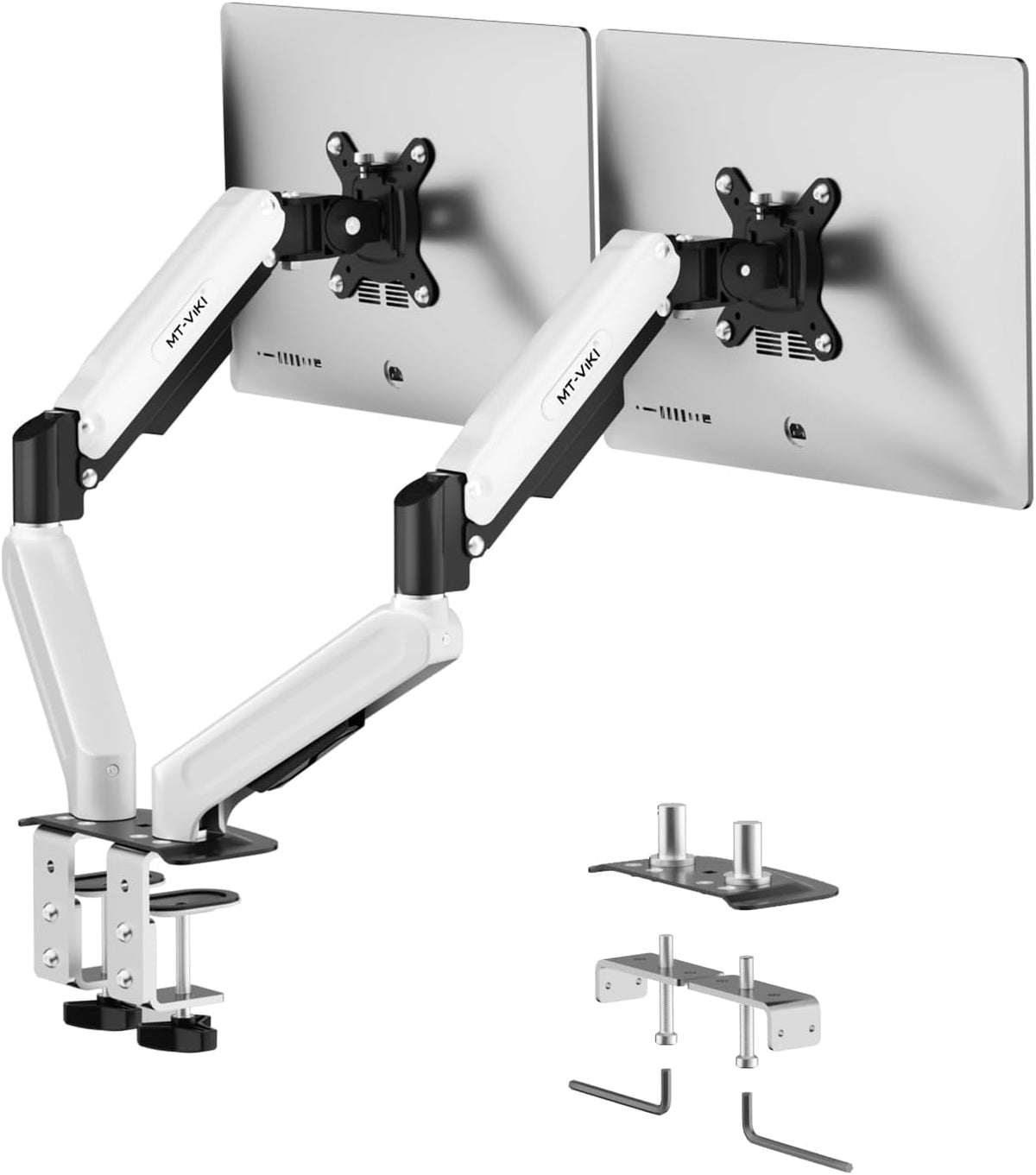 MT-VIKI Dual Monitor Stand - Gas Spring Double Monitor Arm with Quick Release VESA Plates for 2 Screens 17-32 Inch, Full Motion Articulating Desk Mount, Holds 4.4-19.8lbs