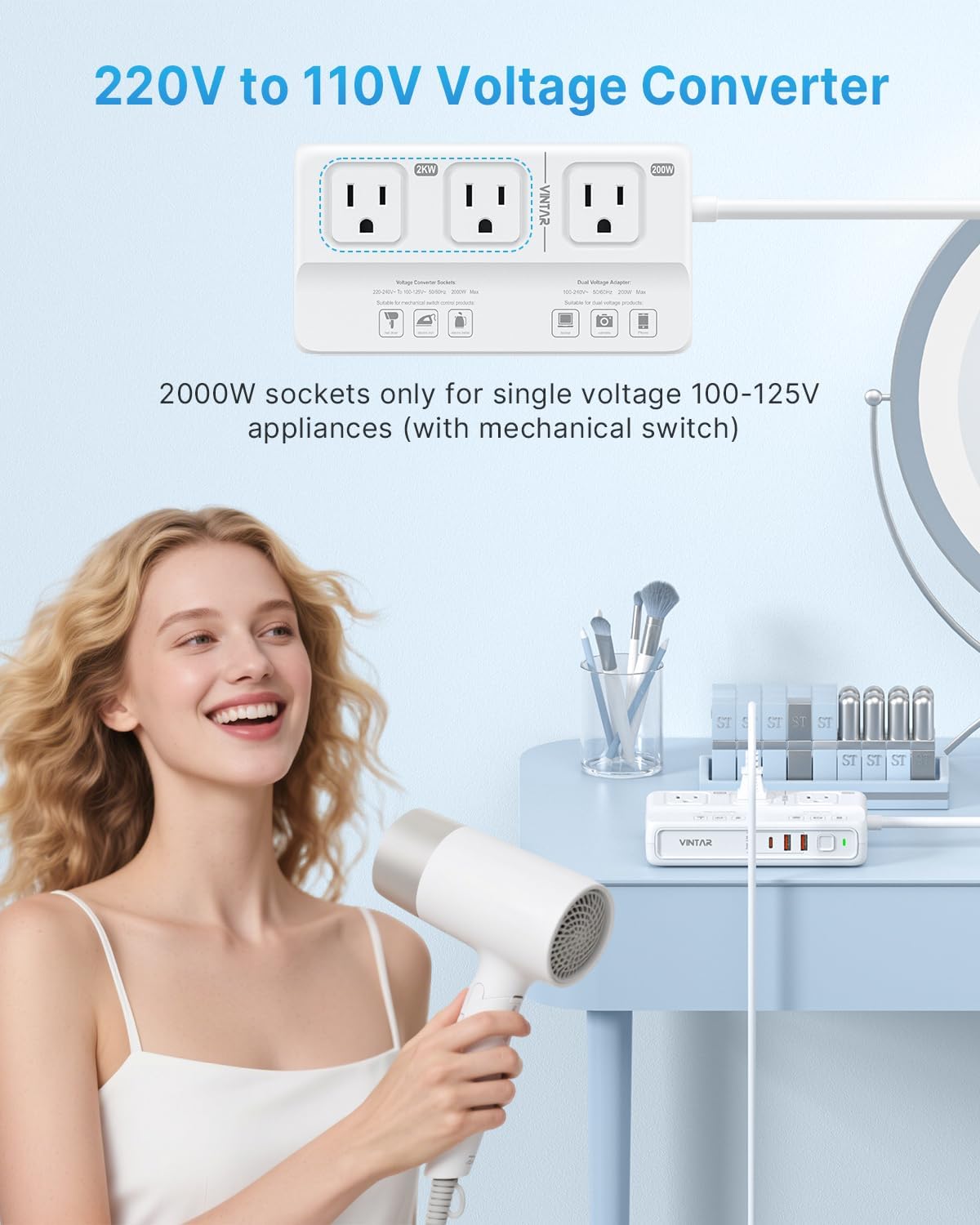 VINTAR 220V to 110V Converter, 2000W Travel Voltage Converter US to Europe | Universal Travel Adapter, 4 USB Ports(2 USB C), Step Down Transformer, Power Converter Adapter Combo for EU UK JP AU India SA
