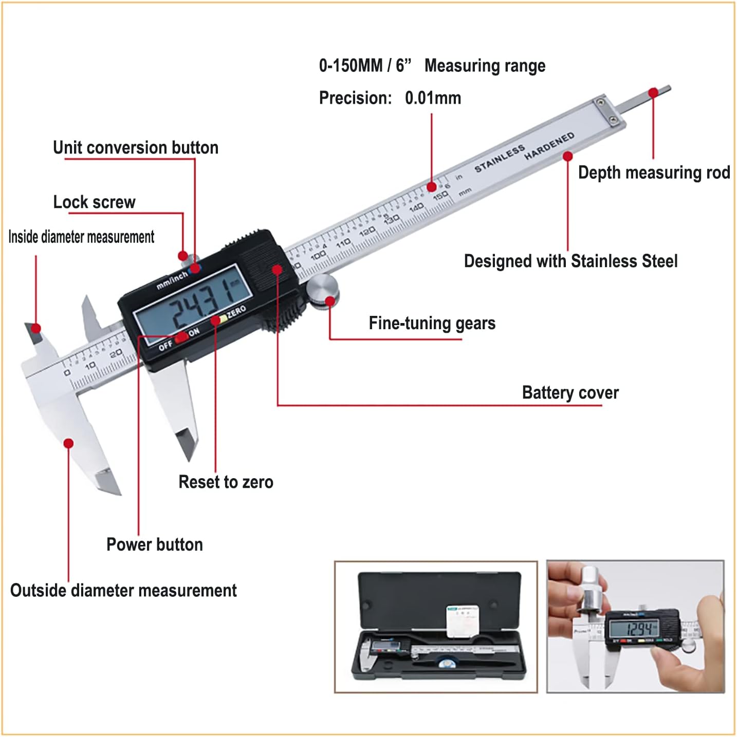 Digital Caliper, Electronic Digital Calipers, 0-6" Calipers Measuring Tool | Stainless Steel Construction with Large LCD Screen, Auto-Off Feature for 3D Printing,Inch and Millimeter Conversion