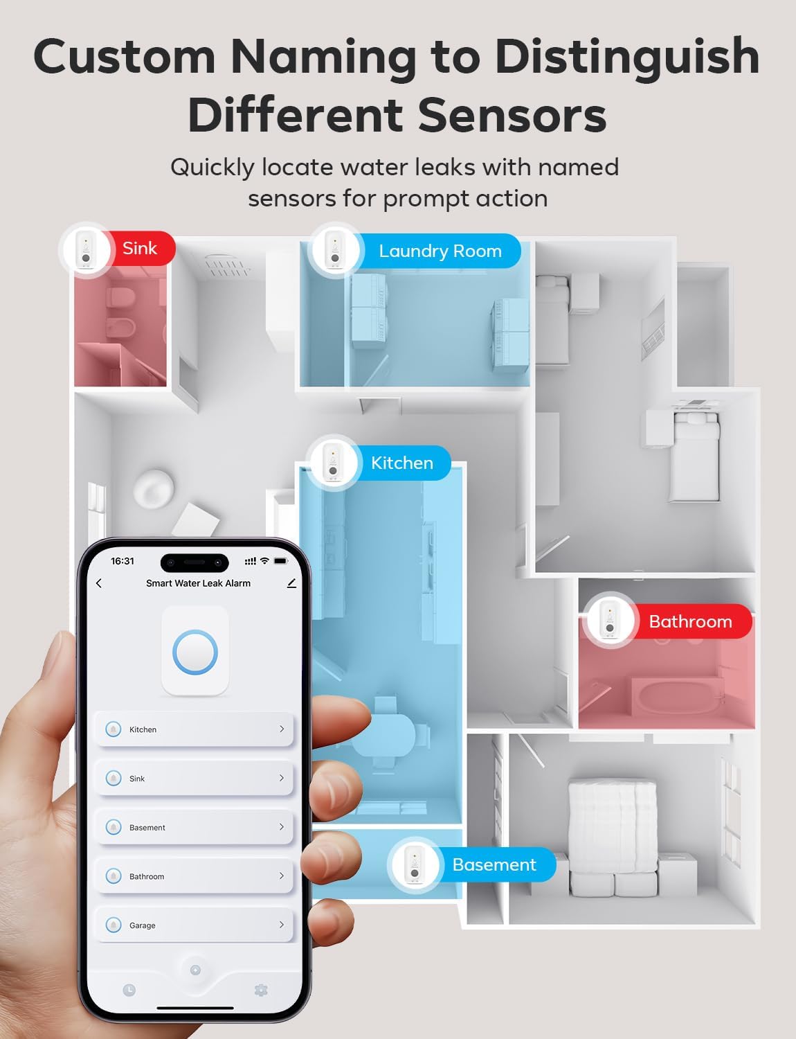 MAXCIO Wi-Fi Water Leak Detector, Smart Water Wireless Sensor with 110dB Adjustable Alarm, APP, SMS, Phone Notifications, 1640ft Transmission Range, Suitable for Basement, Bathroom and Kitchen