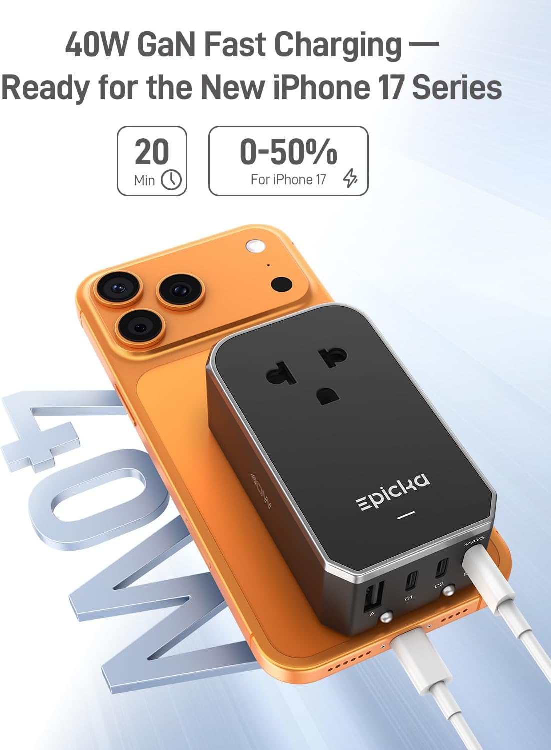 EPICKA Air 40W Universal Travel Adapter PD&QC with 1AC/3USB-C/1USB-A | Slim & Compact Size Plug Adapter For US EU UK AU, Supports Fast Charging for Multi-Device, Not A Voltage Converter, Black