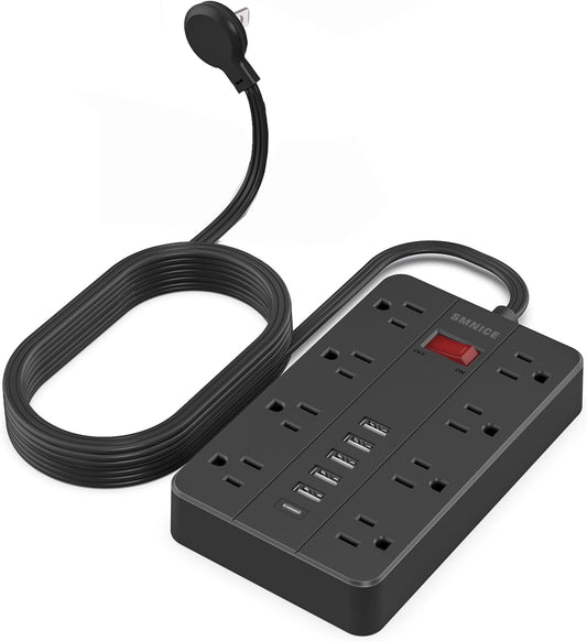 10 Ft Extension Cord Power Strip, SMNICE 8 Widely Spaced Outlets,Black