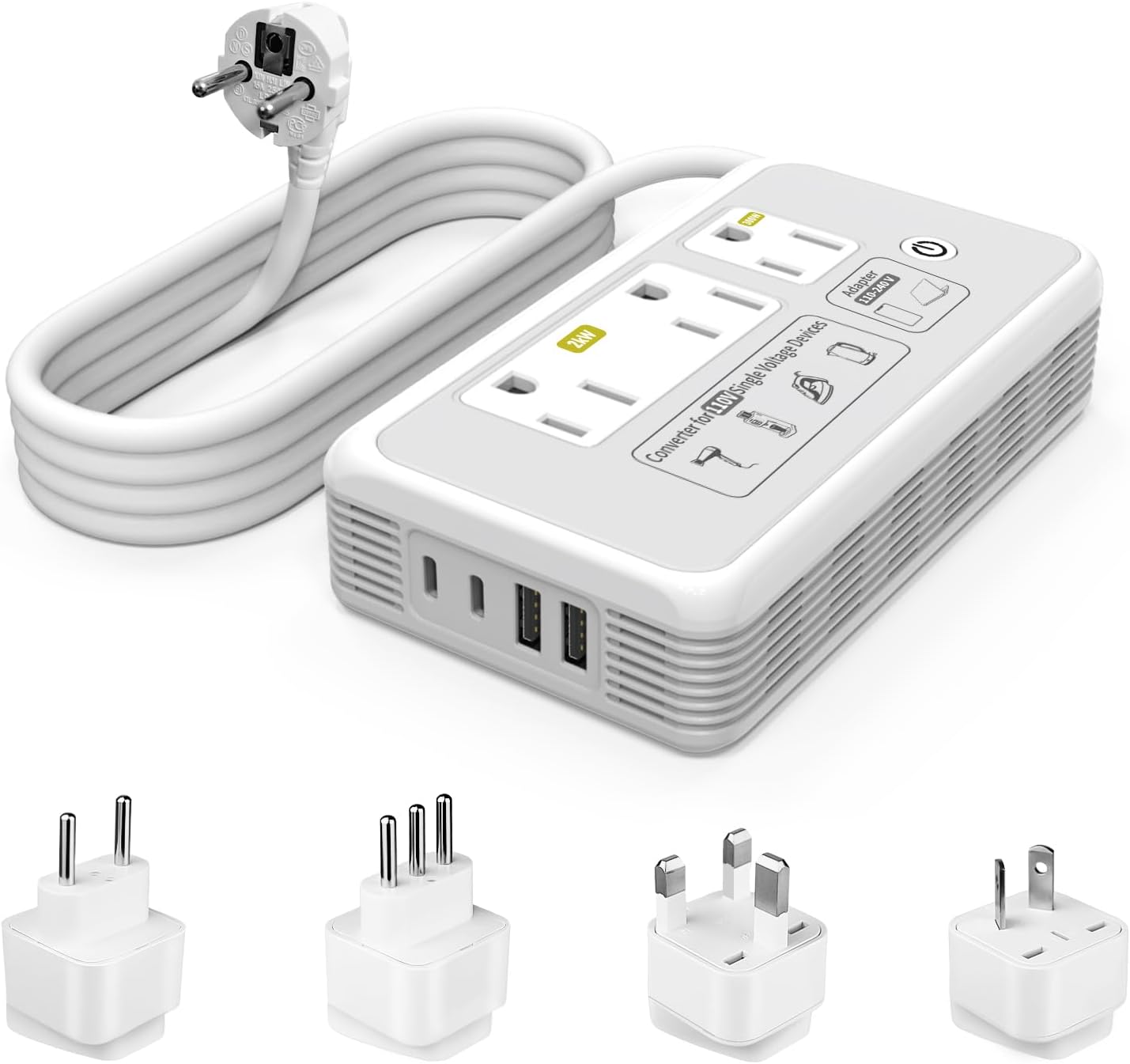 Mapambo 2000W 220V to 110V Converter for Hair Dryer, Voltage Converter US to Europe, Converter for European Travel with Type G C I L, Universal Travel Adapter with 2 USB-C 2 USB-A (Gray)