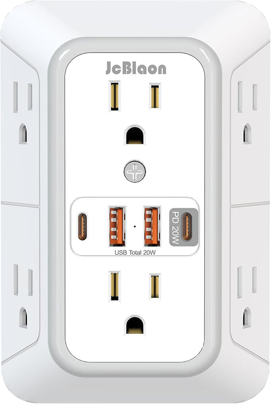 JcBlaon Multi Plug Outlet Surge Protector, Wall Charger with 6 Outlet Splitter with 4 USB Ports(PD 20W), 3-Sided 1050J Surge Protector Power Strip for Home Office Dorm Room Essentials-ETL