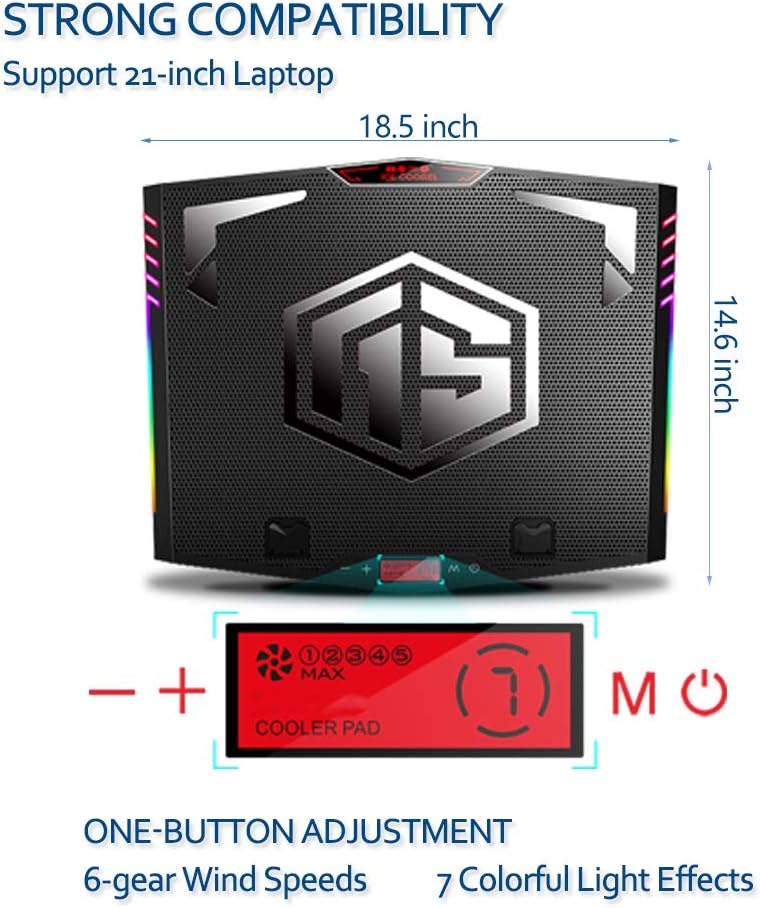 MeFee RGB Laptop Cooling Pad for 15.6-21 Inch Professional Gaming Laptop Cooler with 6 Quiet Fans and Button Control, Pure Metal Panel Portable Cooler