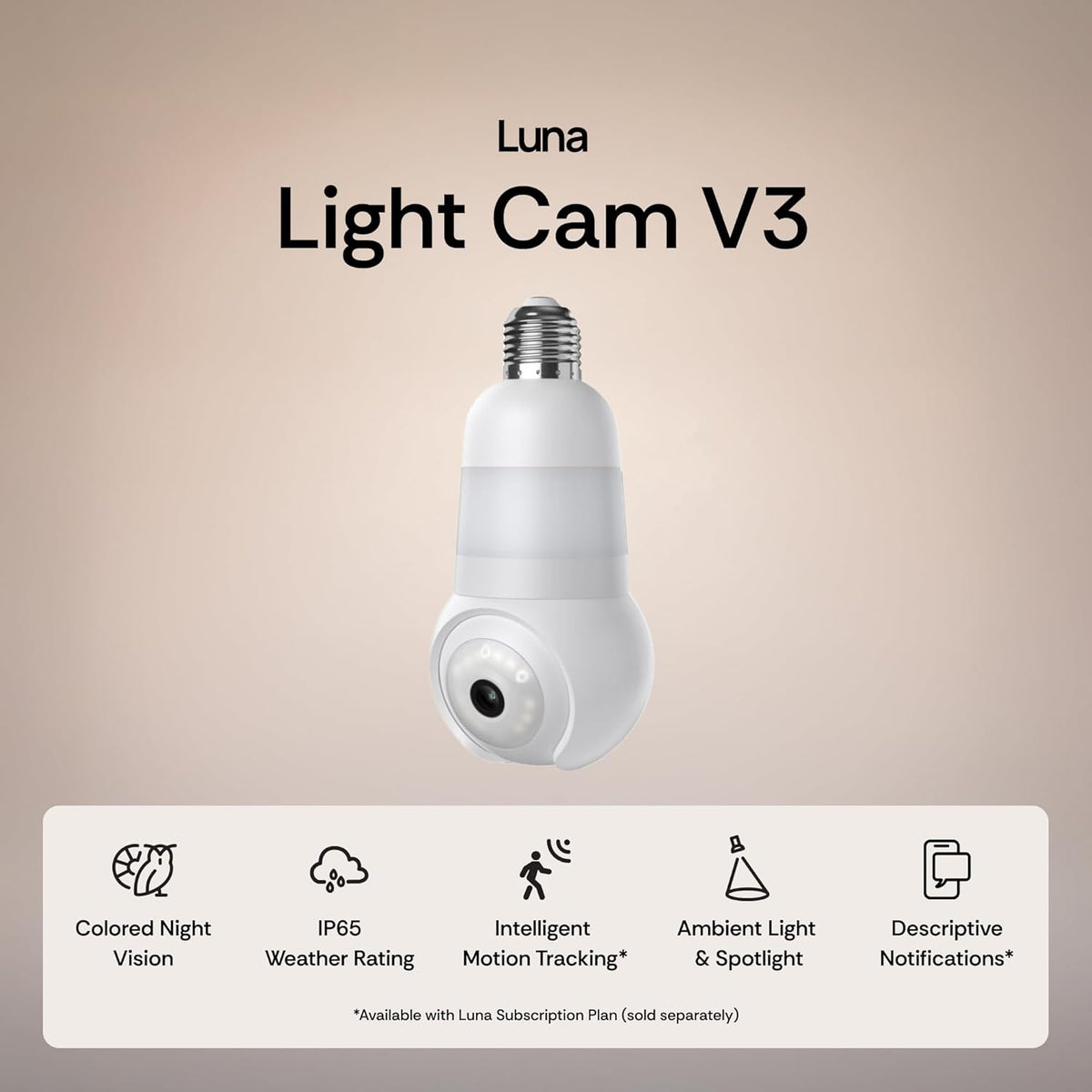 Luna Light Bulb Security Camera Wireless Outdoor Indoor, 2K 360° Pan Tilt | Color Night Vision, LED Bulb & Spotlight, 2.4GHz 5GHz Wi-Fi, Porch Light Camera for Home Security