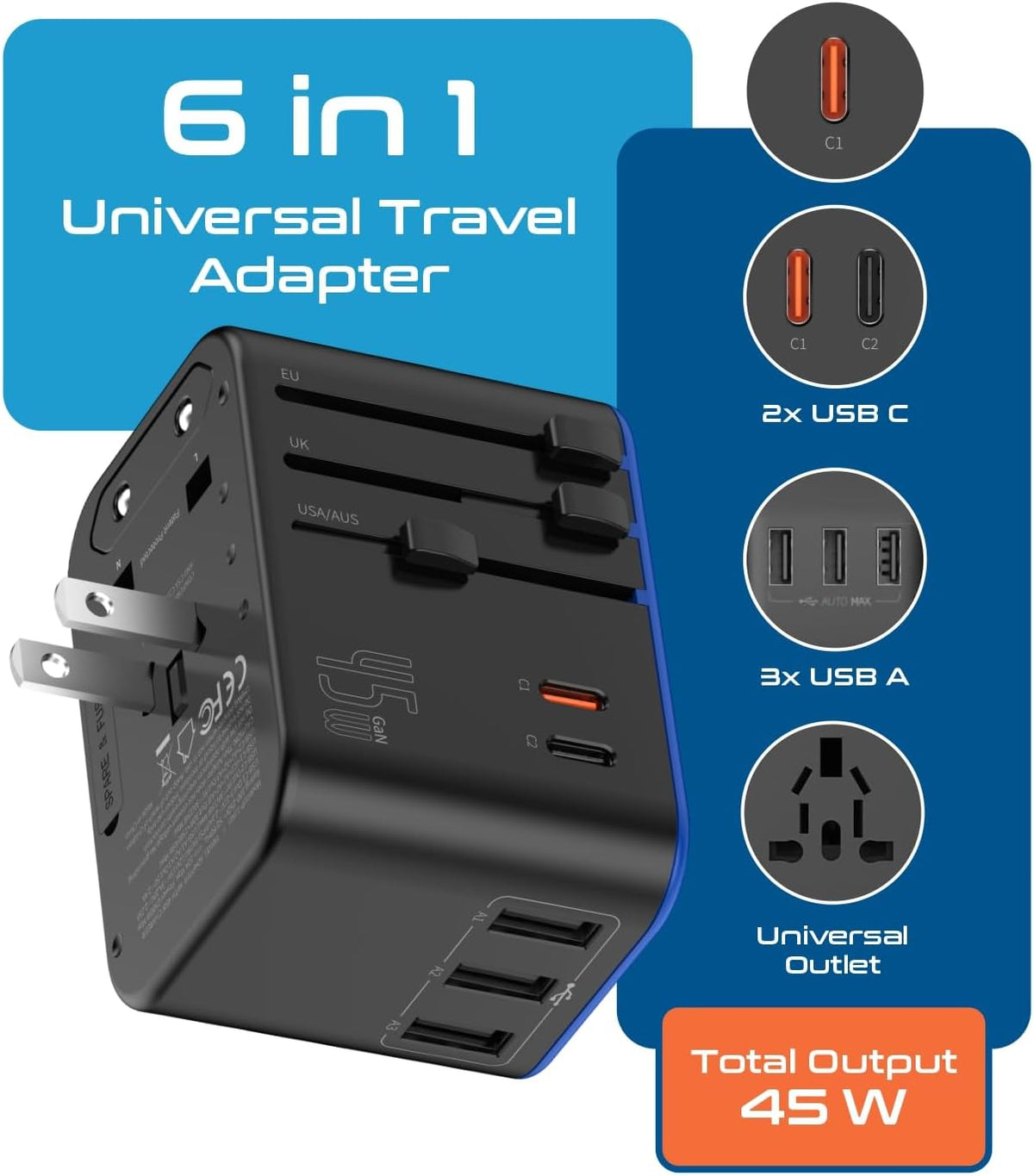 Ceptics Universal Travel Adapter, 45W International Power Adapter with PD & QC 3.0 Dual USB-C, 3 USB Travel Adapter Worldwide, Type I C G A Outlets - EU Euro US UK (11-KU)