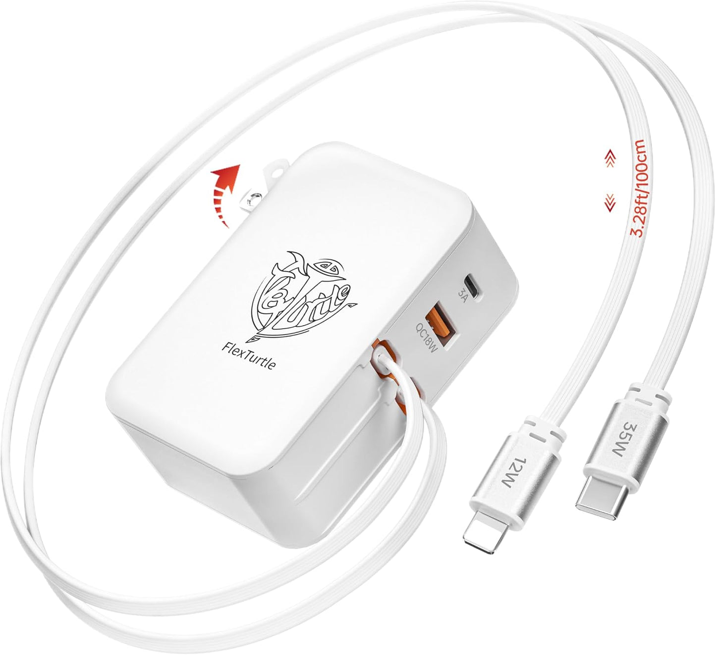 4-in-1 Retractable Wall Charger,35W Ultra-Compact Travel Charger | Built-in Dual 3.28ft Type-C & Older iPhone Charging Cables, USB-A + USB-C Ports, Foldable Plug for Travel