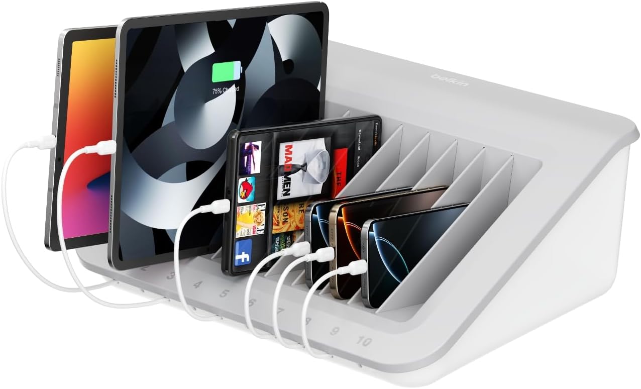 Belkin 10-Device Charging Station with Surge Protector | USB charging dock for tablets, laptops, and Chromebooks, cable management, classrooms, offices, tech labs